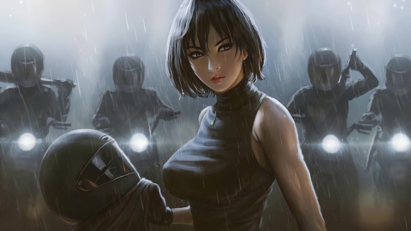 Cute Biker Girl in The Rain 4K Live Wallpaper