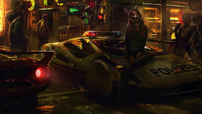 Cyberpunk Girl Sitting On Police Car Neon Night Lights 4K Live Wallpaper
