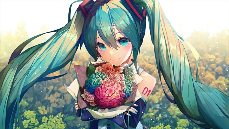 Hatsune Miku Vocaloid and Bouquet of Flowers 4K Live Wallpaper