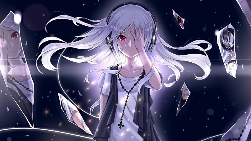 Broken Mirror Anime Girl with White Hairs Reflected 4K Live Wallpaper