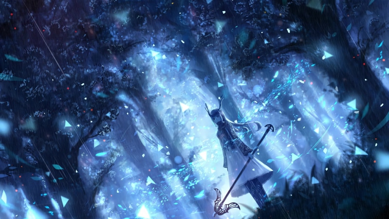 Anime Girl Blue Particles Fantasy Magical Forest 4K Live Wallpaper