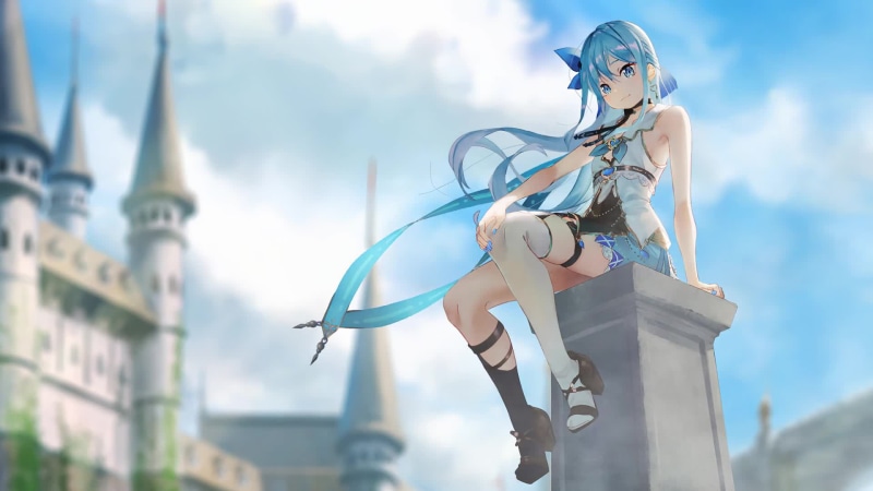 Anime Girl with blue, long hairs Sitting On a Column near Castle Live Wallpaper