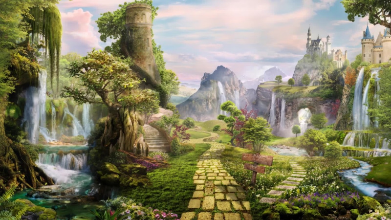 Fantasy World, Green Park, Castle, Stream Live Wallpaper