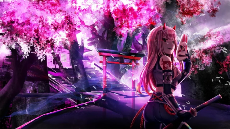 Zero Two with a Mask in his Hand, Samurai, Darling in the Franxx Live Wallpaper