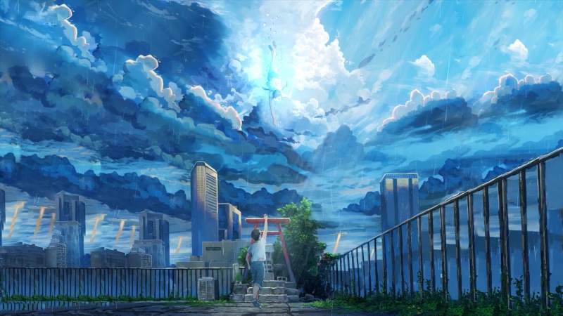 Hodaka Morishima and Hina Amano, Clouds, Weathering With You 4K Live Wallpaper
