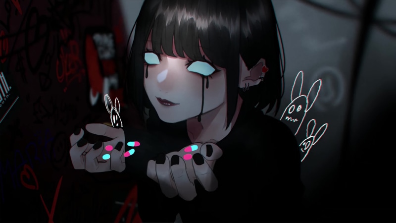Scary and Crazy Anime Girl with Pills 4K Live Wallpaper