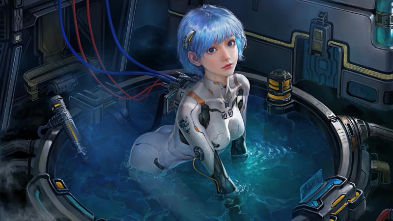 Rei Ayanami with Blue Hairs is Bathing, Neon Genesis Evangelion 4K Live Wallpaper