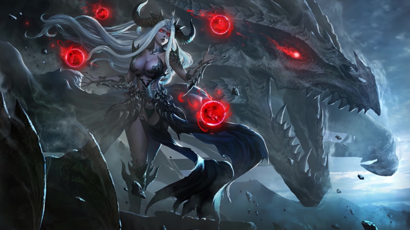 Demon Girl with Horns and and Her pet Black Dragon 4K Live Wallpaper