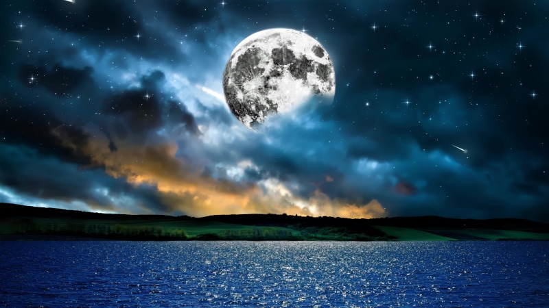 Starry Night, Dark Sky, Big Moon and Lake, Landscape 4K Live Wallpaper