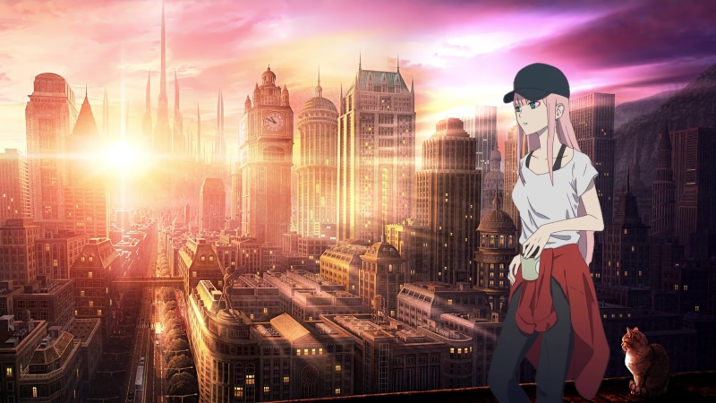 Zero Two In The City , Darling In The Franxx, Sunlight Cat Cup of Coffee 4K Live Wallpaper