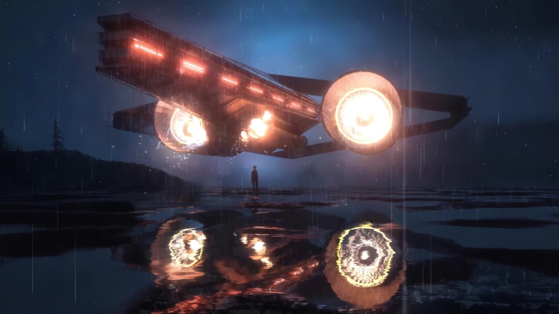 Reflection of a Spaceship in the Water, Rainy Night 4K Live Wallpaper
