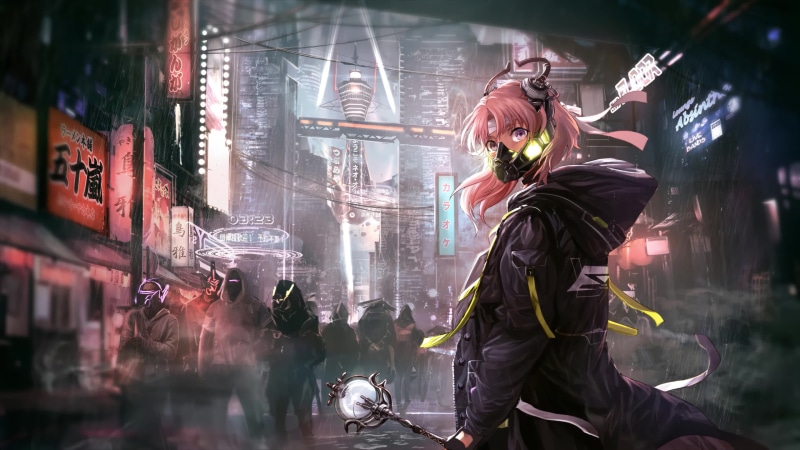 Girl with Mask and Magic Wand In Cyberpunk City 4K Live Wallpaper