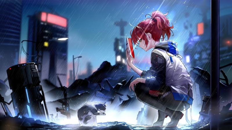 Exusiai and Cat In The Rain Arknights 4K Live Wallpaper