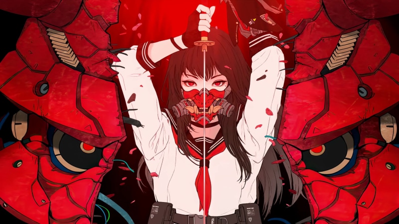Samurai Anime Girl Oni Mask Blood 4K Live Wallpaper