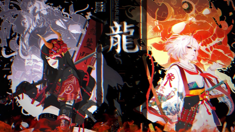 Cute Twins Samurai, Oni Babes Flame 4K Live Wallpaper