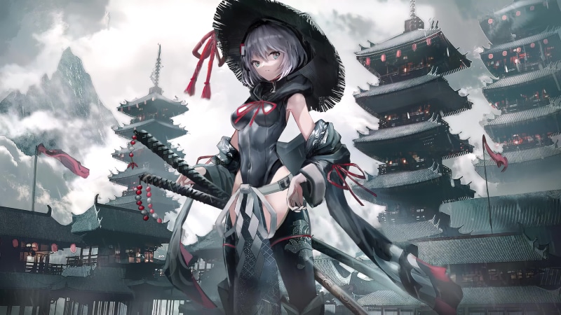 Samurai Anime Girl with Katana, Straw Hat 4K Live Wallpaper