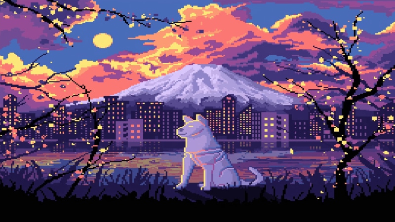 Hachiko, Pixel Dog, Sunset, Train, Mountains 4K Live Wallpaper