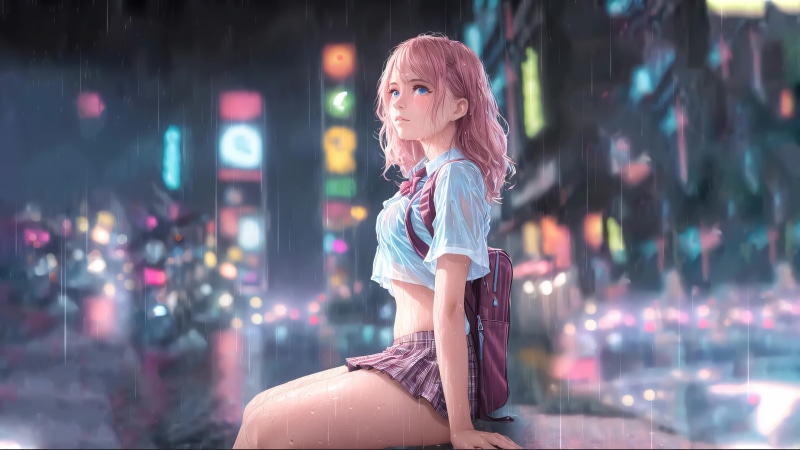 Cute Anime Girl with Blue Eyes in Rain 4K Live Wallpaper