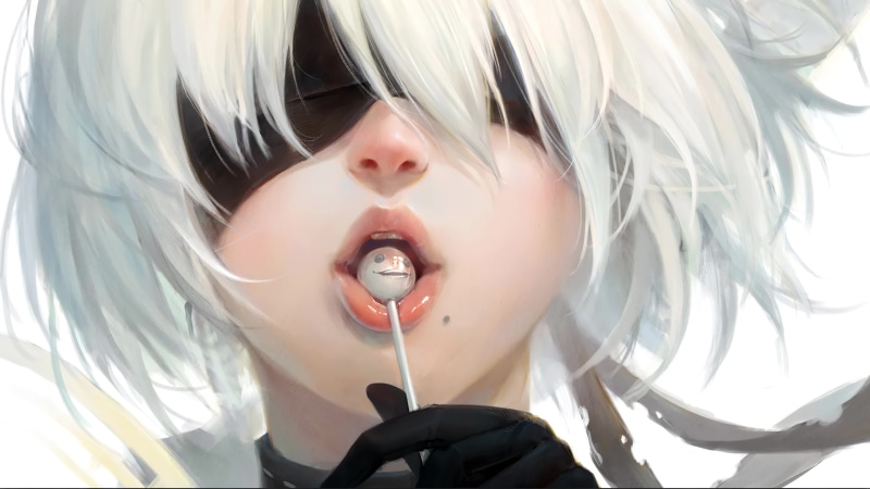 R34 Exga and Tada Nier Automata, Red Lips, Chupa Chups| Game 4K Live Wallpaper