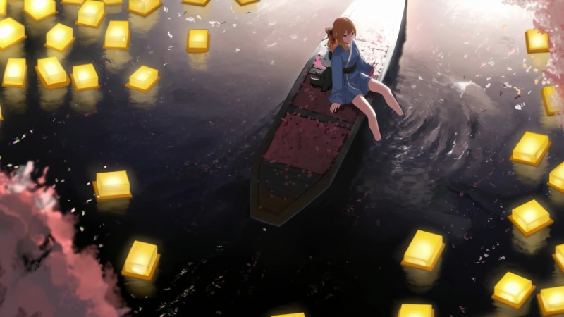 Sakura Boat River Lanterns Cute Anime Girl 4K Quality Live Wallpaper