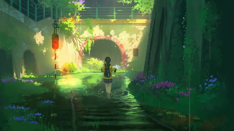 Anime Girl Walking Through The Puddle In The Rain Live Wallpaper