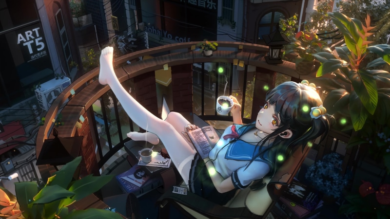 Anime School Girl Chilling With Coffee 4K Quality Theme Live Wallpaper