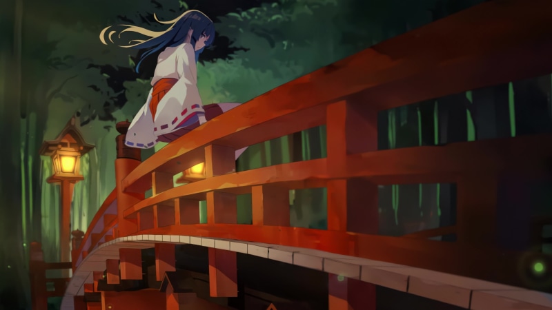 Anime Girl Miko Sitting On The Bridge 4K Live Wallpaper