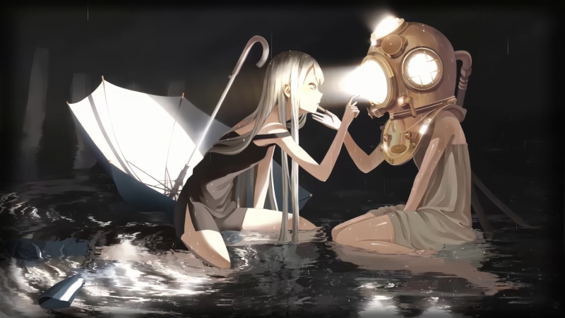 Anime Girls Playing with Diving Helmet, Rain, Umbrella 4K Live Wallpaper