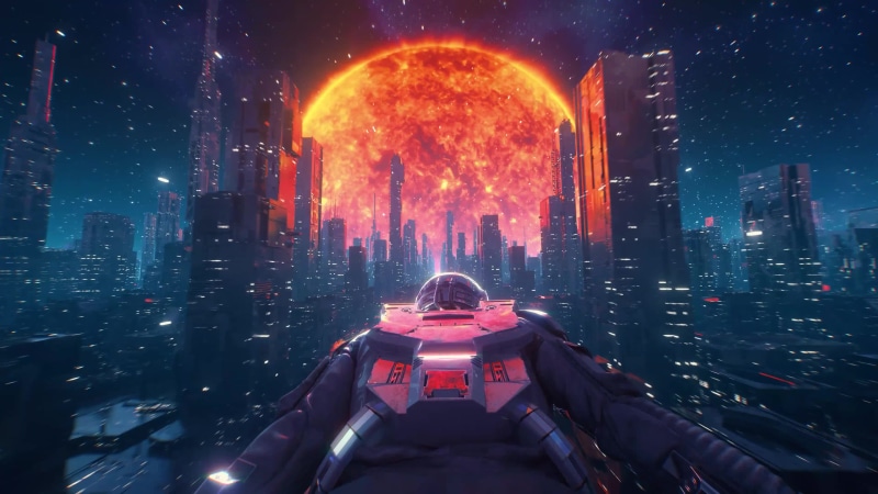 Solar Cyberpunk City Flying Astronaut 4K Live Wallpaper