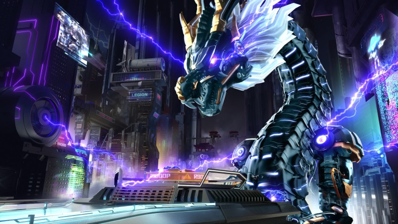 Exhibition dragon brontosaurus in the city of the future Live Wallpaper