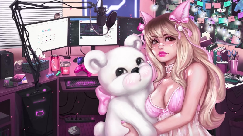 Sweet streamer girl teddy bear no music 4k Live Wallpaper