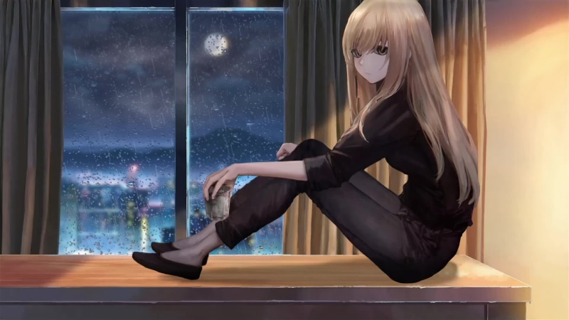 A girl sitting on the window sill drinks an evening drink Live Wallpaper