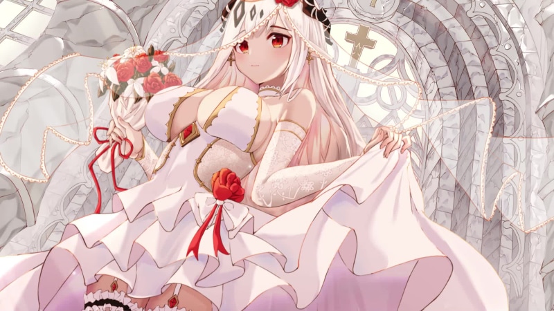 Mudstone in a white dress with a bouquet of roses Live Wallpaper
