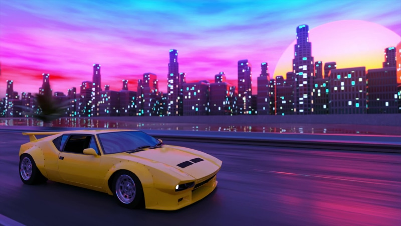 Yellow car driving along the city 2K Live Wallpaper
