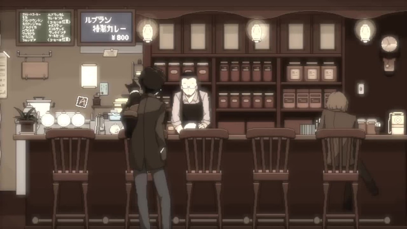 A man with a cat on his shoulder in a bar-Persona 5 Live Wallpaper