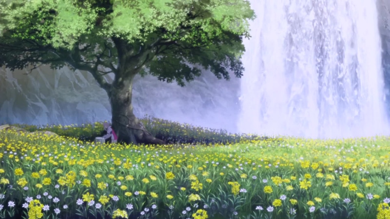 Flower field in the background of a waterfall Live Wallpaper