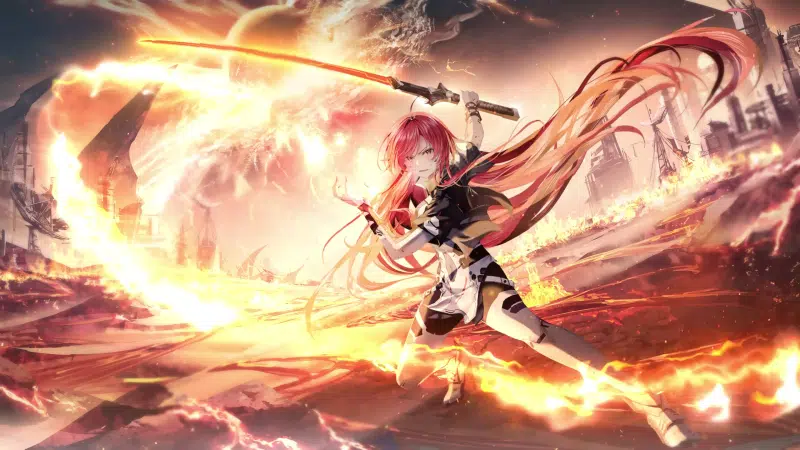 anime, phoenix, arts, sword, fire, anime girls Live Wallpaper