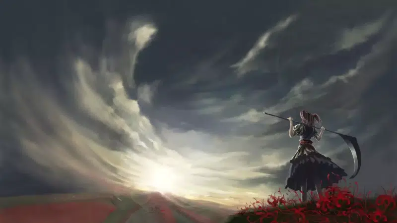 anime girls, flowers, scythe, arts, landscapes - nature, glade of flowers, touhou sangetsusei, anime, komachi onozuka Live Wallpaper