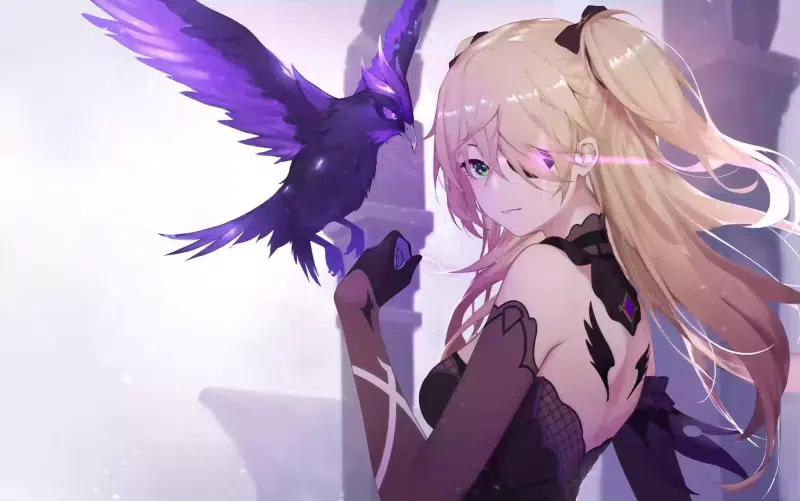 anime girls, genshin impact, arts, feathers, games, fischl, beautiful girl, anime, raven, bird, eye patch, nice girl Live Wallpaper