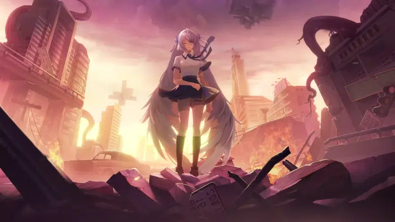 games, ruins, sunset, skirt, arts, fire, the ruined city, anime girls, anime, unknown future, mirai, apocalypse - post-apocalypse, school uniform, cities Live Wallpaper