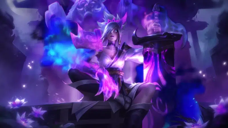 anime girls, league of legends, night, riven, lol, arts, games, anime, spirit blossom, sword Live Wallpaper