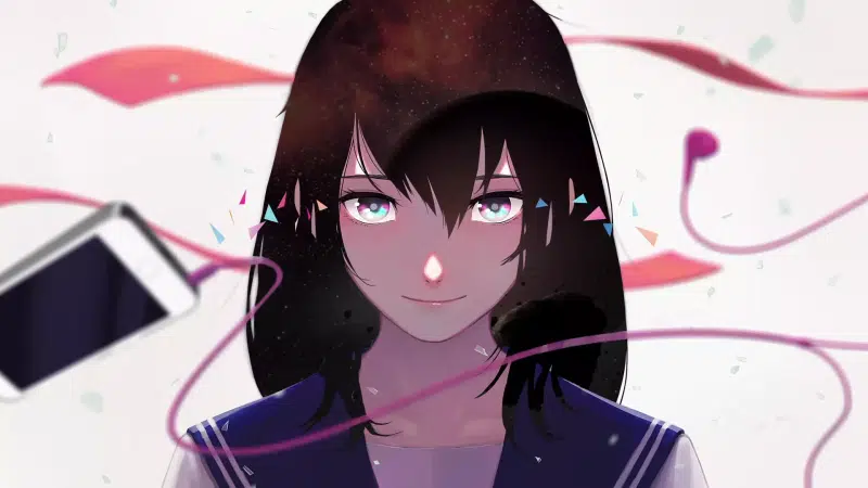 nice girl, smartphone, beautiful girl, anime, smile, anime girls, headphones, arts Live Wallpaper