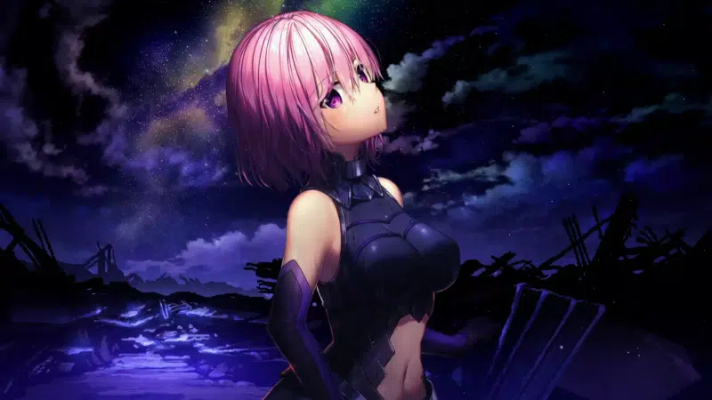 anime girls, arts, fate-grand order, battlefield, anime, night, mash kyrielight, fate, stars, games, ruins, starry sky Live Wallpaper