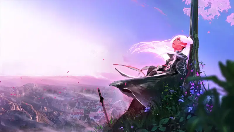 hair fluttering in the wind, sakura, arts, sword, anime, anime girls, ross tran, petals, cities, flowers, nima Live Wallpaper
