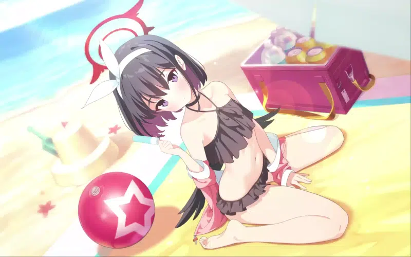 ice cream, mashiro, swimsuit, anime girls, halo, anime, beach, blue archive, wings, games, arts Live Wallpaper