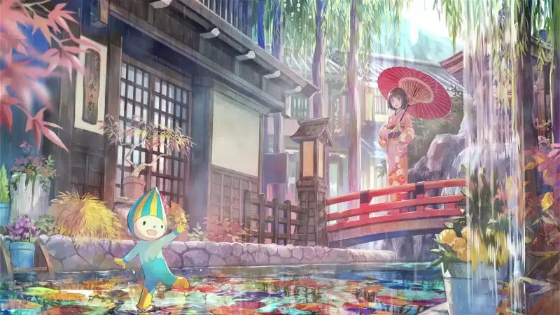pond, umbrella, anime girls, arts, flowers, rain, anime, yukata Live Wallpaper