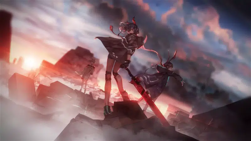 apocalypse - post-apocalypse, sword, games, ruins, amiya, ears, anime, arts, destroyed buildings, arknights, anime girls, horns Live Wallpaper
