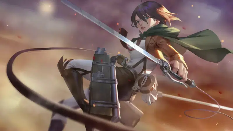 anime, weightlessness, soaring, beautiful girl, nice girl, attack on titan, sword, arts, mikasa ackerman, anime girls, flying, a fall Live Wallpaper