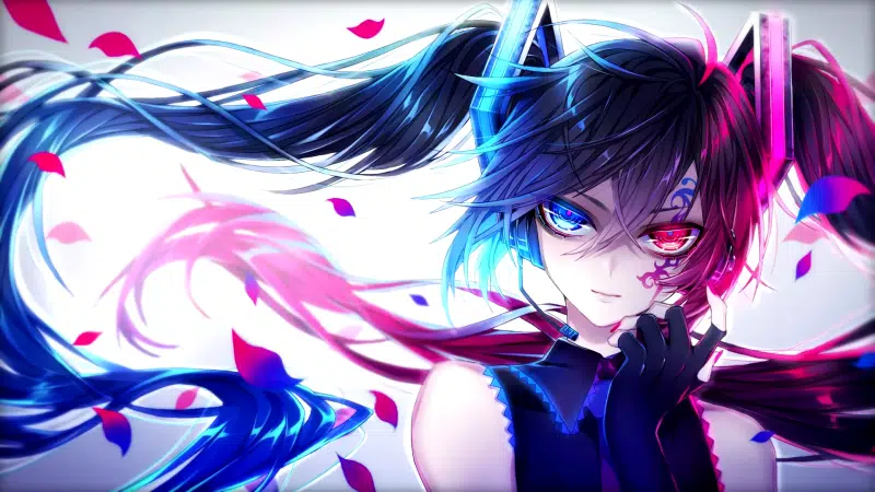 vocaloid, multicolored eyes, anime girls, tattoo, arts, anime, virtual singer, petals, miku hatsune Live Wallpaper