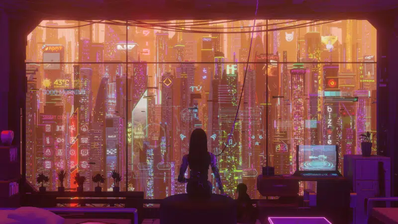 neon city, room, robots, cities, future, fantasy, dog, anime girls, the city from the window, cyberpunk, arts, anime, neon, android, window Live Wallpaper
